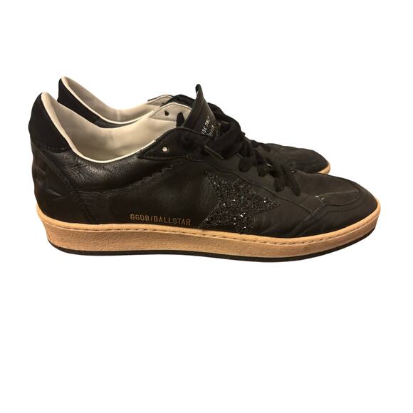 Golden Goose Ball Star Sneakers Black Leather w/ Black Glitter Star SZ 42 - Picture 2 of 7